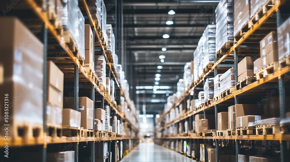 Cardboard Boxes Stacked High In A Large Warehouse Cardboard Boxes Stacked High In A Large Warehouse