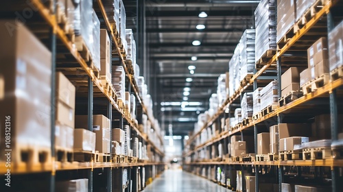 Cardboard Boxes Stacked High In A Large Warehouse