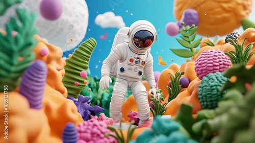 A whimsical astronaut explores a vibrant, colorful alien landscape filled with playful plants and surreal textures. photo