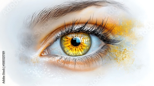 The closeup illustration shows a vibrant yellow eye with intricate details in the iris, including a ring of darker yellow around the pupil and subtle hints of gold and orange shimmering in the light