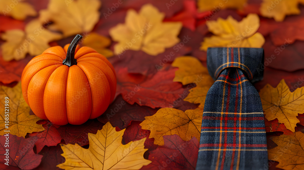 Autumn harvest celebration pumpkin and plaid tie on colorful leaves seasonal decor cozy atmosphere close-up view festive vibe Autumn harvest celebration pumpkin and plaid tie on colorful leaves seasonal decor cozy atmosphere close-up view festive vibe