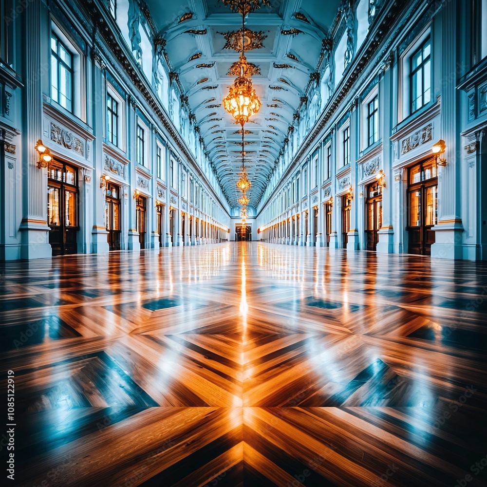 Fototapeta premium Grand Hallway with Polished Wooden Floor and Ornate Ceiling.