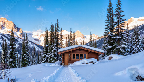 Cozy cabin surrounded by snowy trees photo