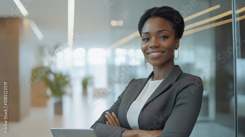 Confident Businesswoman Standing in Modern Office with Laptop, Smiling and Embracing Professional Success and Empowerment in Corporate Environment Free Download Confident Businesswoman Standing in Modern Office with Laptop, Smiling and Embracing Professional Success and Empowerment in Corporate Environment - GFXLoad