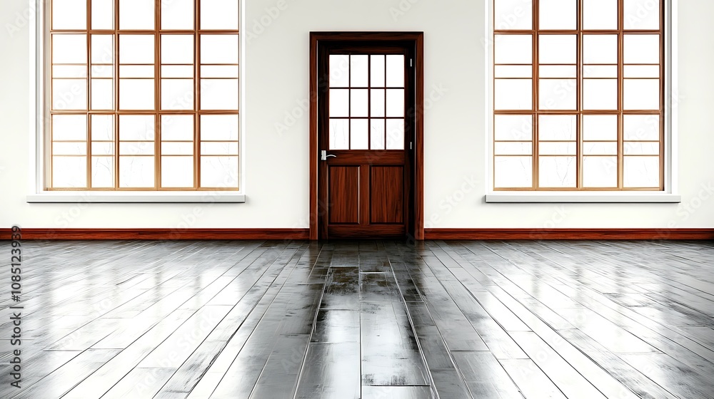 Empty Room with Wooden Door and Windows
