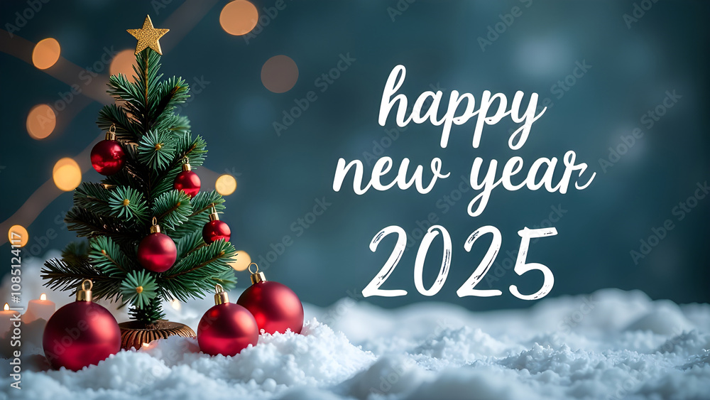 Christmas holiday background photography with white Handwriting thin Letters happy new year 2025 over Christmas background with small snow Christmas tree and ball