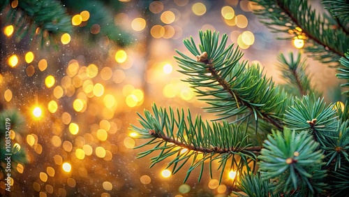 Close-up View of Pine Branches with Soft Blurry Background of Golden Christmas Lights Creating a Warm and Festive Atmosphere for the Holiday Season