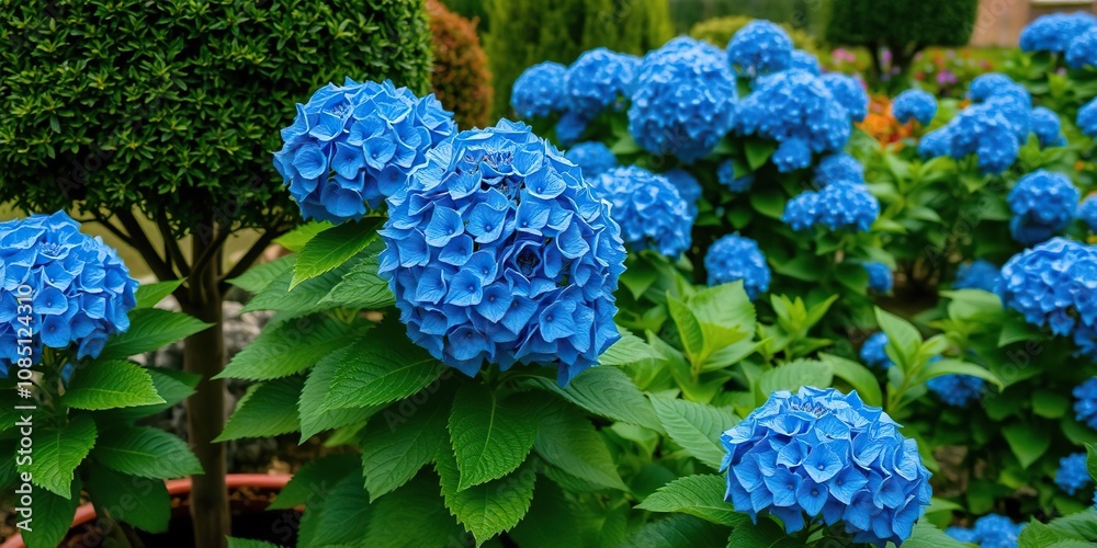 Vibrant striking blue hydrangeas add color to a lush green garden with ornamental trees and shrubs, landscaping, gardening Vibrant striking blue hydrangeas add color to a lush green garden with ornamental trees and shrubs, landscaping, gardening