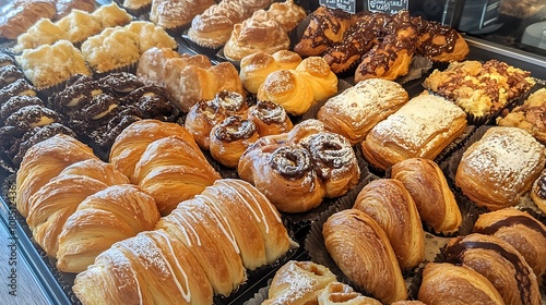 A bakery counter filled with pastries and coffee, with notes of flavor descriptions written in chalk, highlighting the sensory delights of each item 