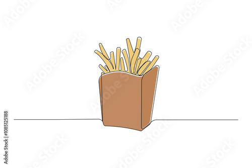 Hand-drawn French fries one-line art drawing. Fast food concept continuous outline vector.