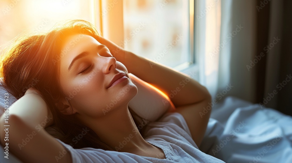 A serene young woman enjoying a moment of tranquility, basking in sunlight by the window, embodying relaxation and peace. A serene young woman enjoying a moment of tranquility, basking in sunlight by the window, embodying relaxation and peace.