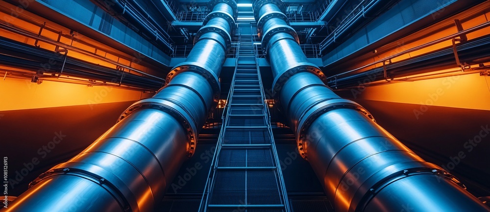 metal pipes in a modern industrial air conditioning system on the ceiling, with cold and warm colors
metal pipes in a modern industrial air conditioning system on the ceiling, with cold and warm colors
