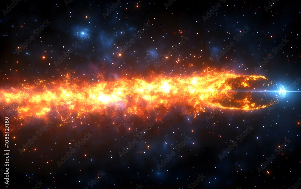 A vibrant cosmic scene depicting a fiery celestial object moving through space. A vibrant cosmic scene depicting a fiery celestial object moving through space.