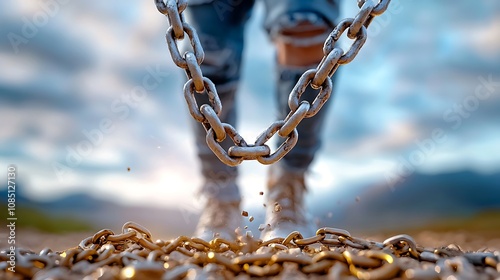 As the chains fell to the ground, the person stood tall, their eyes filled with determination and their heart filled with the exhilarating sense of freedom photo