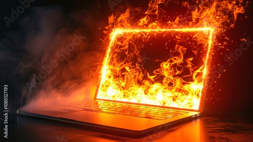 Burning Laptop Computer on Fire with Bright Orange Flames and Black Smoke in a Chaotic Disastrous Digital Technology Accident or Cybersecurity Crisis photo