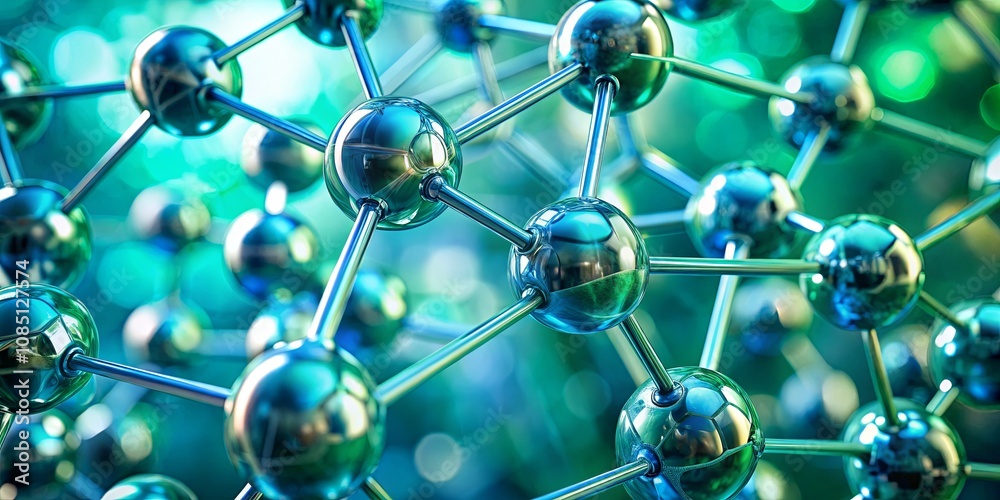 Close-Up View of a Complex Molecular Structure with Reflective Spheres and Dynamic Light, Representing Advanced Scientific Concepts in Chemistry and Physics Close-Up View of a Complex Molecular Structure with Reflective Spheres and Dynamic Light, Representing Advanced Scientific Concepts in Chemistry and Physics