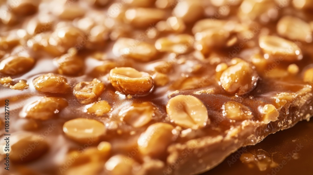Crunchy peanut brittle close-up with visible peanuts and textured caramelized coating Crunchy peanut brittle close-up with visible peanuts and textured caramelized coating