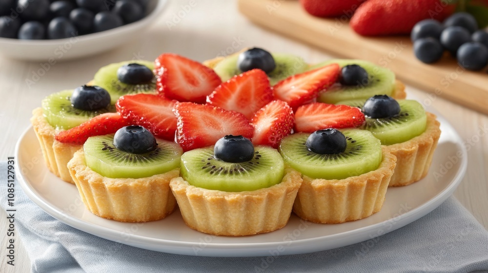 A Plate of Mini Fruit Tarts with Kiwi, Strawberries and Blueberries A Plate of Mini Fruit Tarts with Kiwi, Strawberries and Blueberries