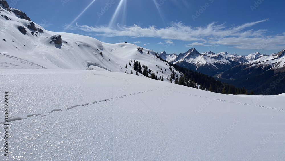 Expansive snowy plain with mountain backdrop Expansive snowy plain with mountain backdrop