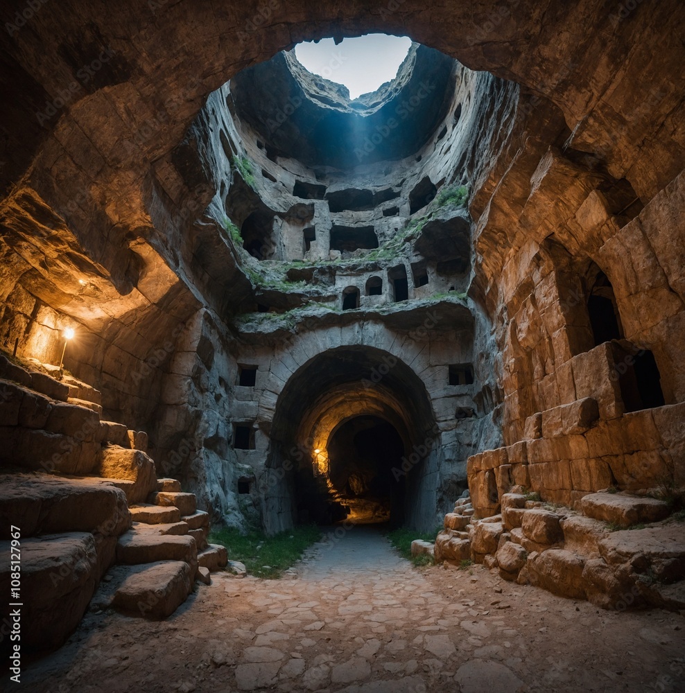 Fototapeta premium A vast underground city in Turkey, with narrow tunnels and hidden chambers.