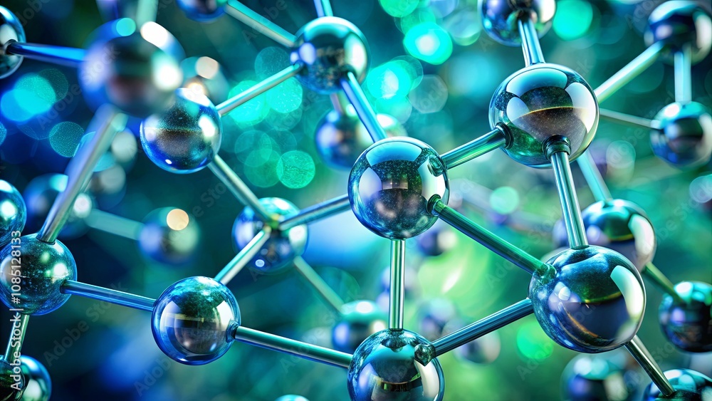 Close-Up View of Abstract Molecule Structures with Shiny Spheres and Connecting Bonds, Representing Science and Technology in a Modern Digital World Close-Up View of Abstract Molecule Structures with Shiny Spheres and Connecting Bonds, Representing Science and Technology in a Modern Digital World