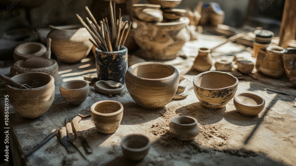 An artistic pottery workshop in a sunlit studio, Pottery tools and clay arranged artistically, Artisanal craft style An artistic pottery workshop in a sunlit studio, Pottery tools and clay arranged artistically, Artisanal craft style