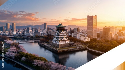 Japan Travel Landscape. A stunning view of a castle surrounded by water and city skyline during sunset, framed by cherry blossoms in the foreground.