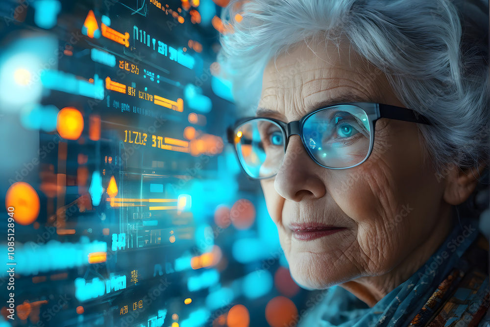 A woman with glasses is looking at a computer screen with a lot of numbers A woman with glasses is looking at a computer screen with a lot of numbers