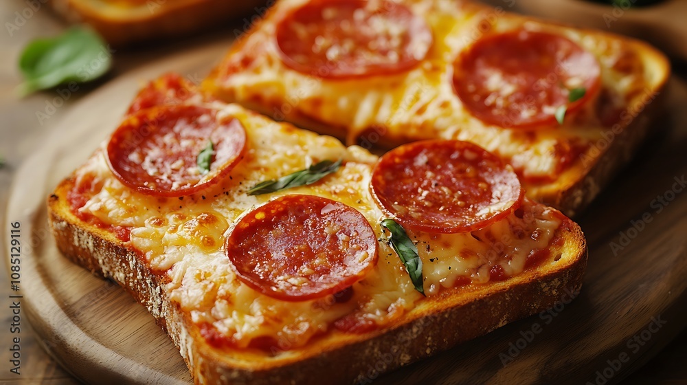 Cheesy Pepperoni Toast Delightfully Plated on Bamboo Platter Image Cheesy Pepperoni Toast Delightfully Plated on Bamboo Platter Image