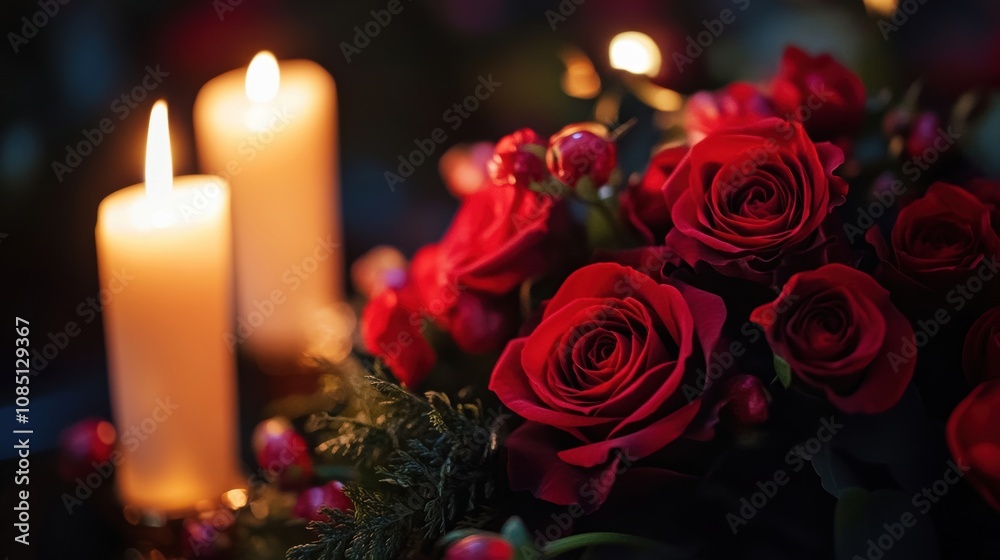 a romantic and serene setting with two lit candles on the left side, casting a warm glow. On the right side, there is a bouquet of vibrant red roses, surrounded by some greenery and small red berries
