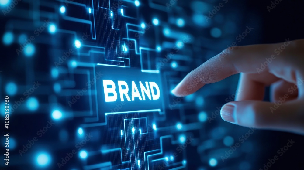 futuristic technology concept for brand identity, Hand touching a digital screen with glowing blue pattern and text BRAND written on it futuristic technology concept for brand identity, Hand touching a digital screen with glowing blue pattern and text BRAND written on it
