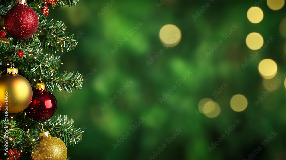 Obraz premium Festive Christmas tree adorned with classic red ornaments against a vibrant green backdrop, illuminated by soft, twinkling lights. Perfect for holiday banners, greeting cards, and seasonal marketing m