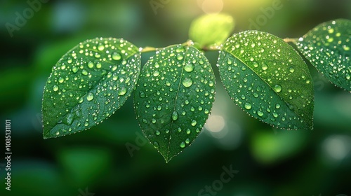 Dew Drops on Green Leaves