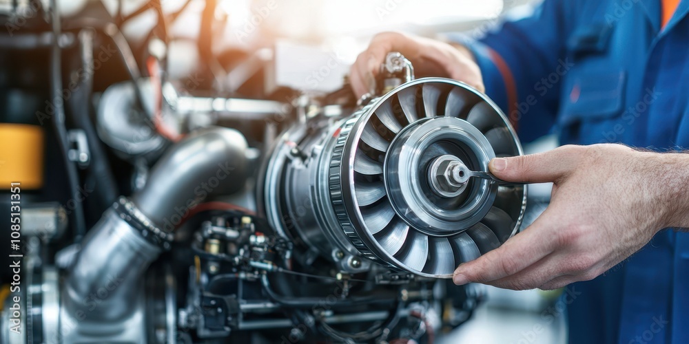 Fototapeta premium A technician works on an aircraft engine component, showcasing precision in mechanical maintenance and repair.