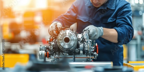 A mechanic works on a detailed engine assembly in a well-lit workshop environment, showcasing precision and technical skill.