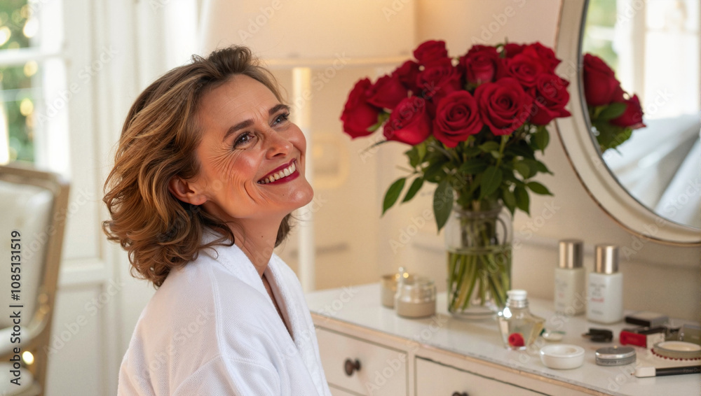 Smiling woman with roses in stylish bathroom Smiling woman with roses in stylish bathroom