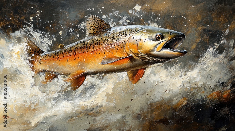 Leaping trout in rushing river water. Leaping trout in rushing river water.