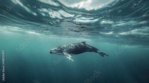 A baby whale breaching the surface of the ocean, developing swimming and communication skills.