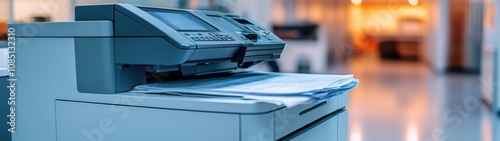 A close-up view of a modern office printer in a well-lit environment, showcasing its sleek design and functionality.