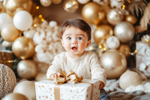 Adorable baby opens festive gift box on festive background decorated with golden and silver balloons