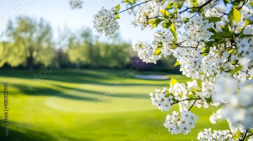 An elegant golf course surrounded by spring blossoms, Golf clubs set for a round, Blossom elegance style