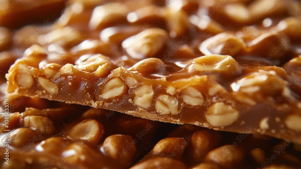 Crunchy peanut brittle close-up with visible peanuts and textured caramelized coating Crunchy peanut brittle close-up with visible peanuts and textured caramelized coating