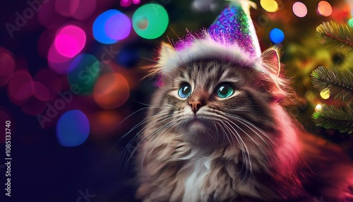 Cute fluffy cat in a festive hat on a bright background, Christmas concept