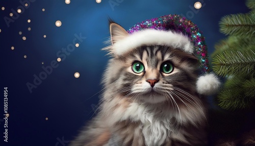 Cute fluffy cat in a festive hat on a bright background, Christmas concept