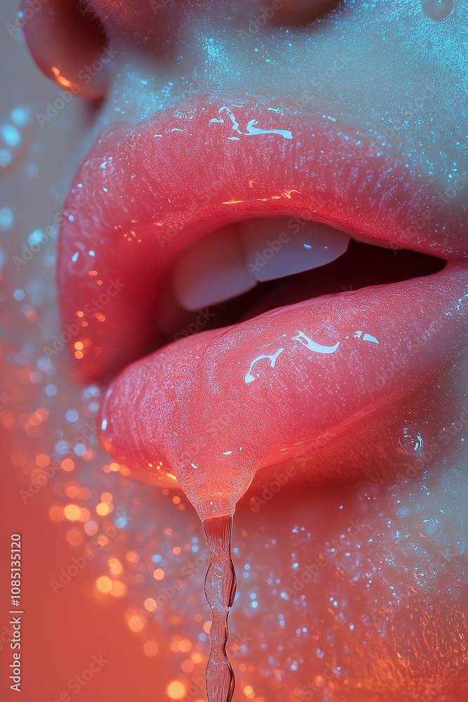 Fototapeta premium Close-up illustration of a mouth with moist red lips, lipstick lips