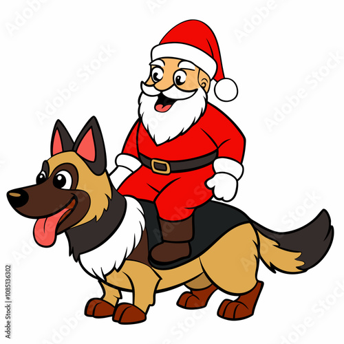 Santa claus riding on German shepherd vector illustration on white background