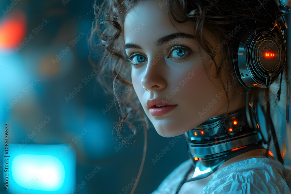 A woman with blue eyes and a silver necklace with a red light on it A woman with blue eyes and a silver necklace with a red light on it