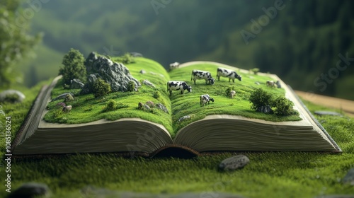 A whimsical book reveals a miniature world of verdant hills and gentle cows, set against majestic mountains, inviting exploration and imagination in a perfect summer setting.