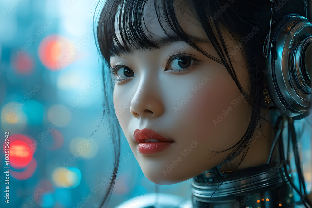A woman with a robotic face and a pair of headphones on her head A woman with a robotic face and a pair of headphones on her head