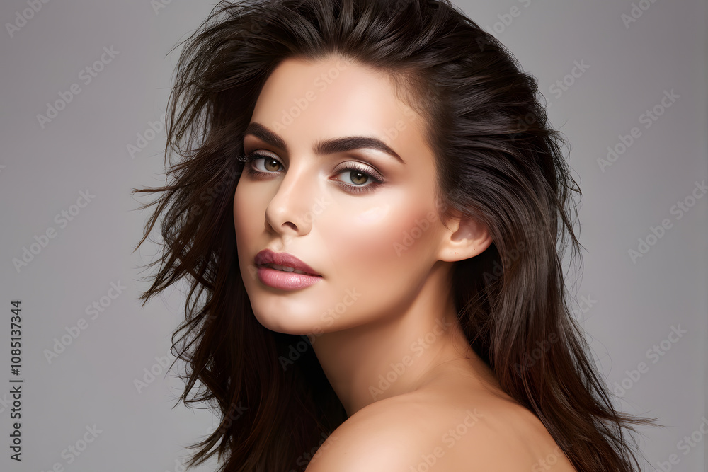 Fototapeta premium A woman with long hair and a light makeup look
